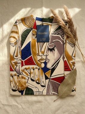 NWT Ellazhu Cubist Abstract Face Art Print Oversized Top Picasso Inspired Boho M